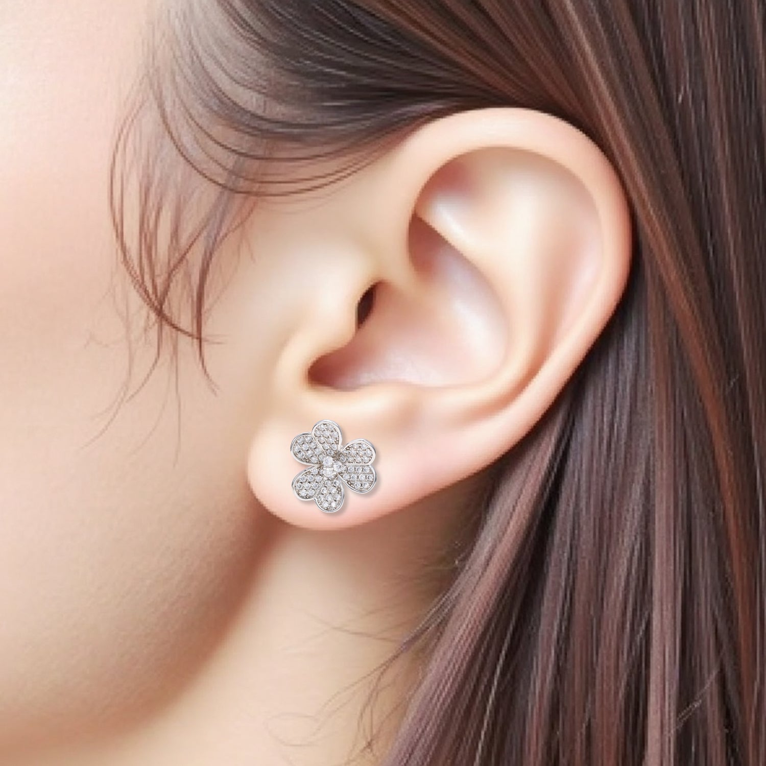 Sterling Silver Cubic Zirconia Flower - Shaped Stud Earrings