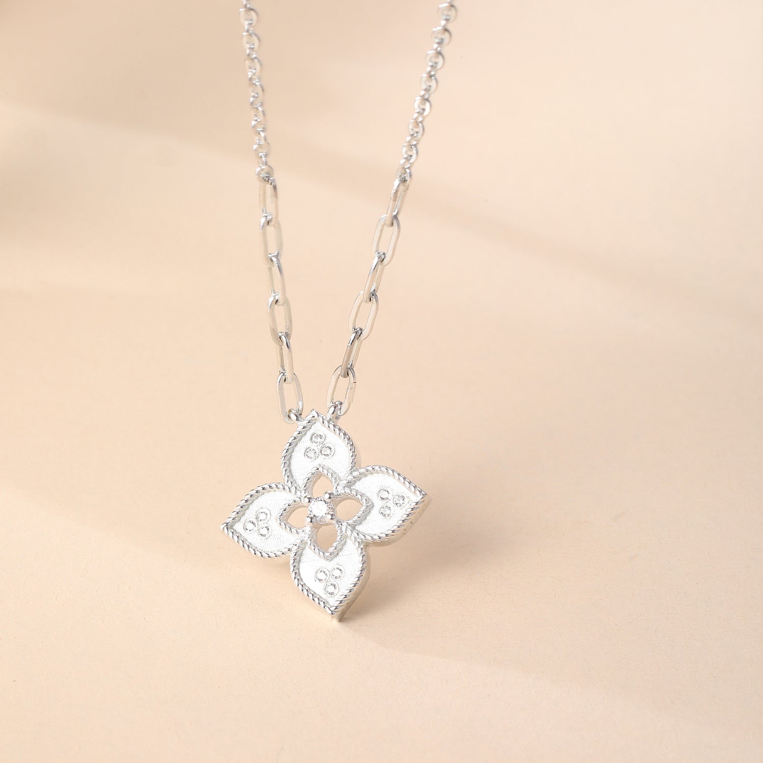 Sterling Silver Cubic Zirconia Four - Leaf Clover Pendant Necklace