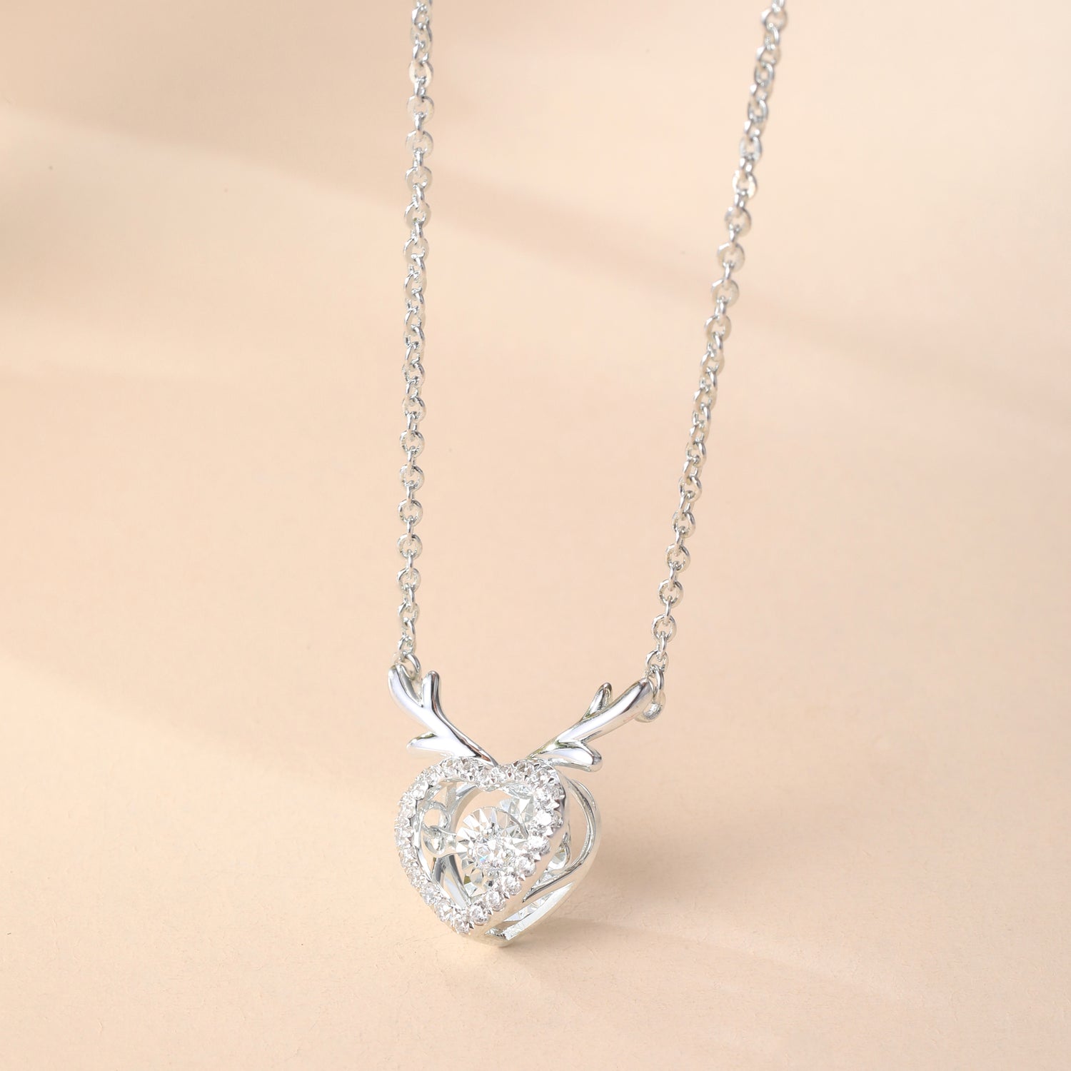 Sterling Silver Cubic Zirconia Heart - Antler Pendant Necklace