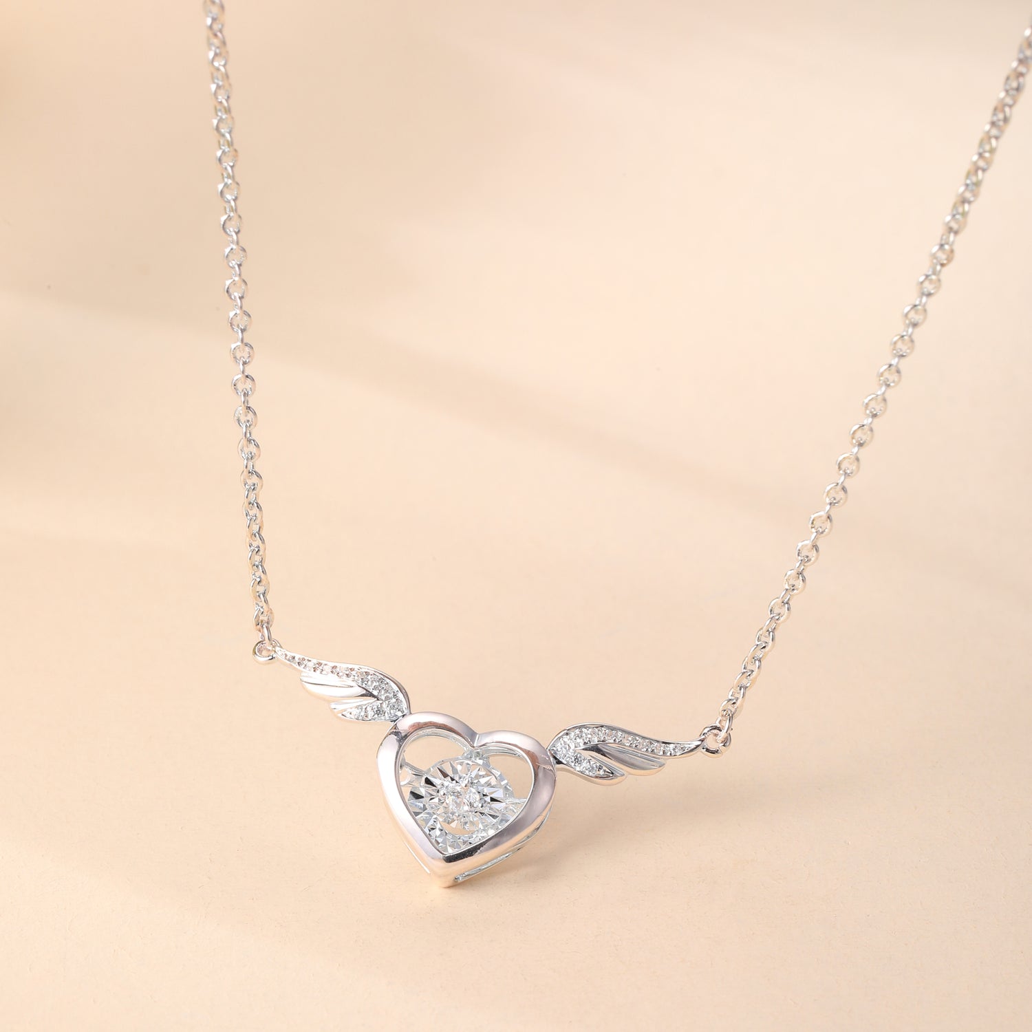 Sterling Silver Cubic Zirconia Heart - with - Wings Pendant Necklace