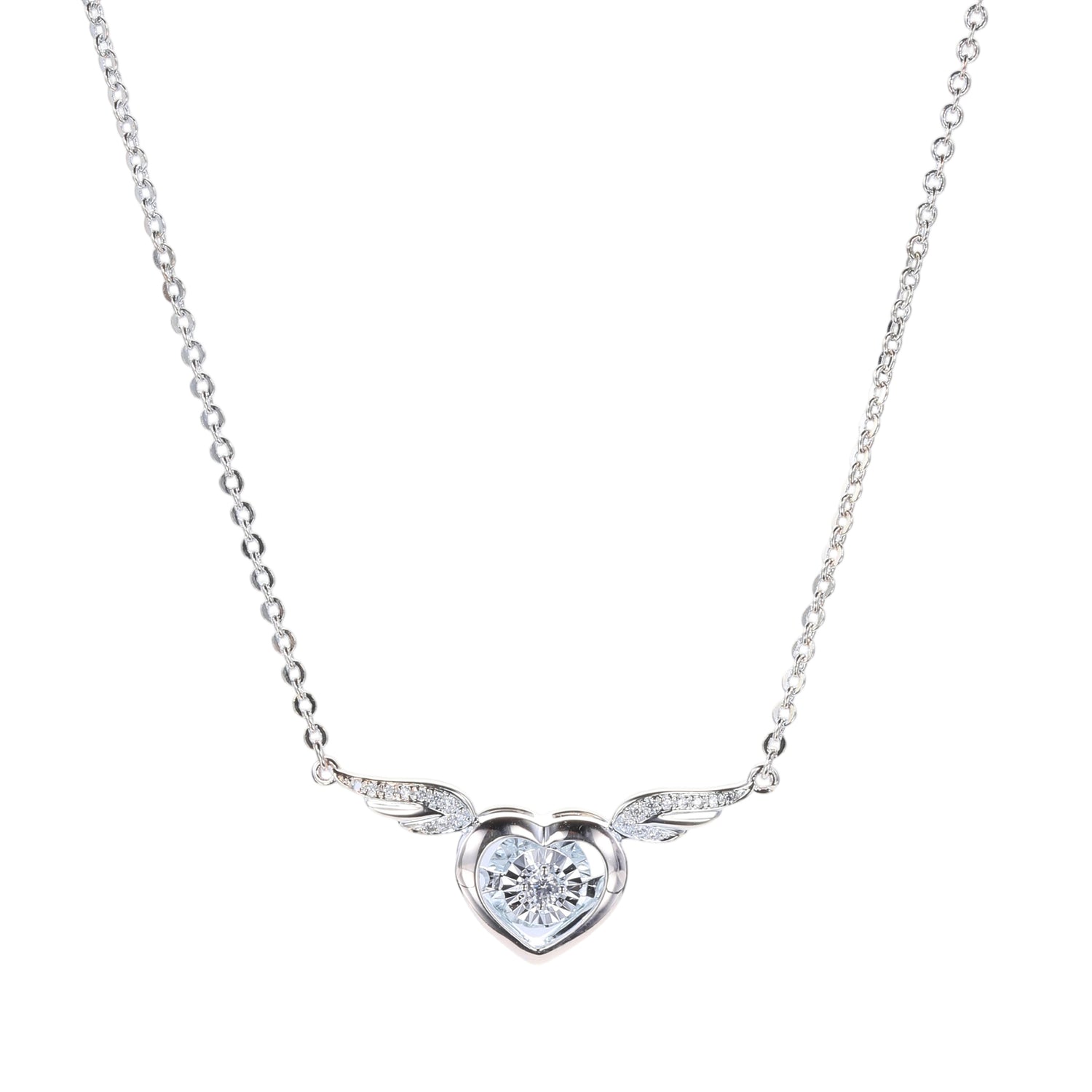 Sterling Silver Cubic Zirconia Heart - with - Wings Pendant Necklace