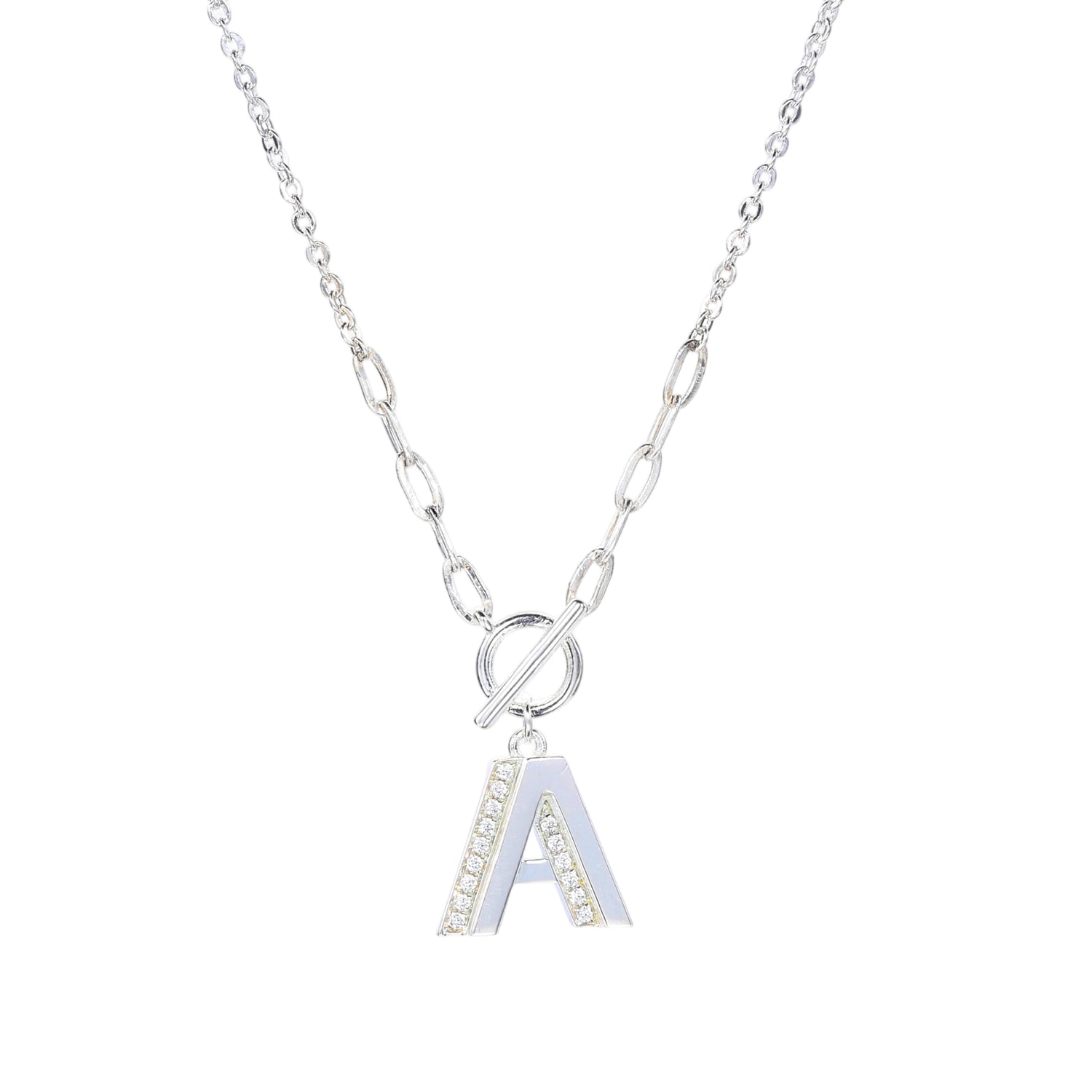 Sterling Silver Cubic Zirconia Initial "A" Toggle Pendant Necklace