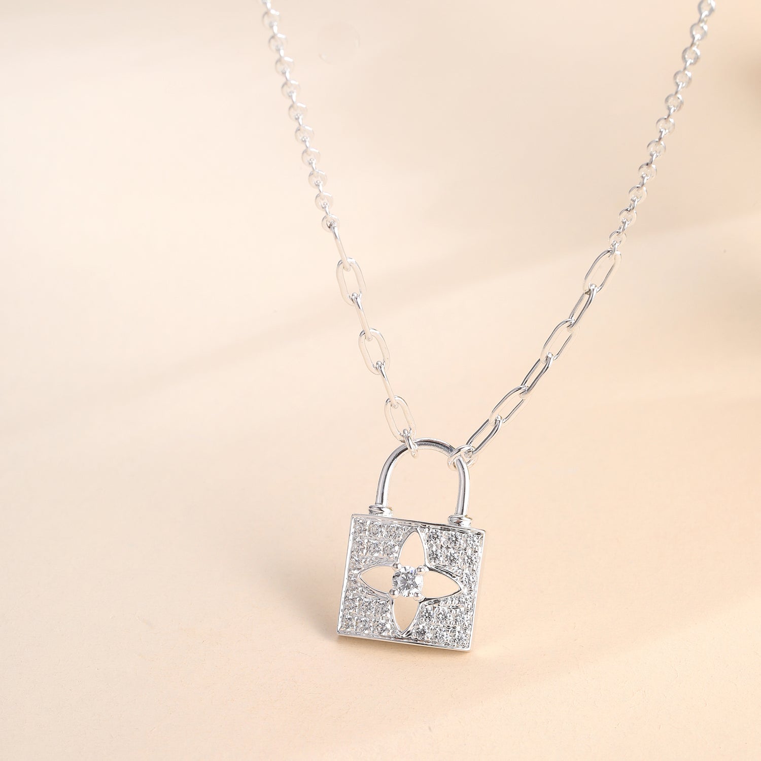 Sterling Silver Cubic Zirconia Padlock Pendant Necklace