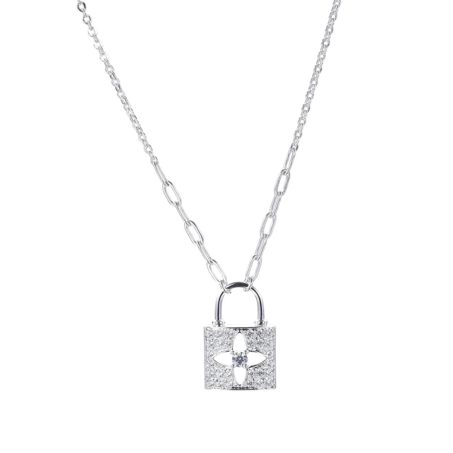 Sterling Silver Cubic Zirconia Padlock Pendant Necklace