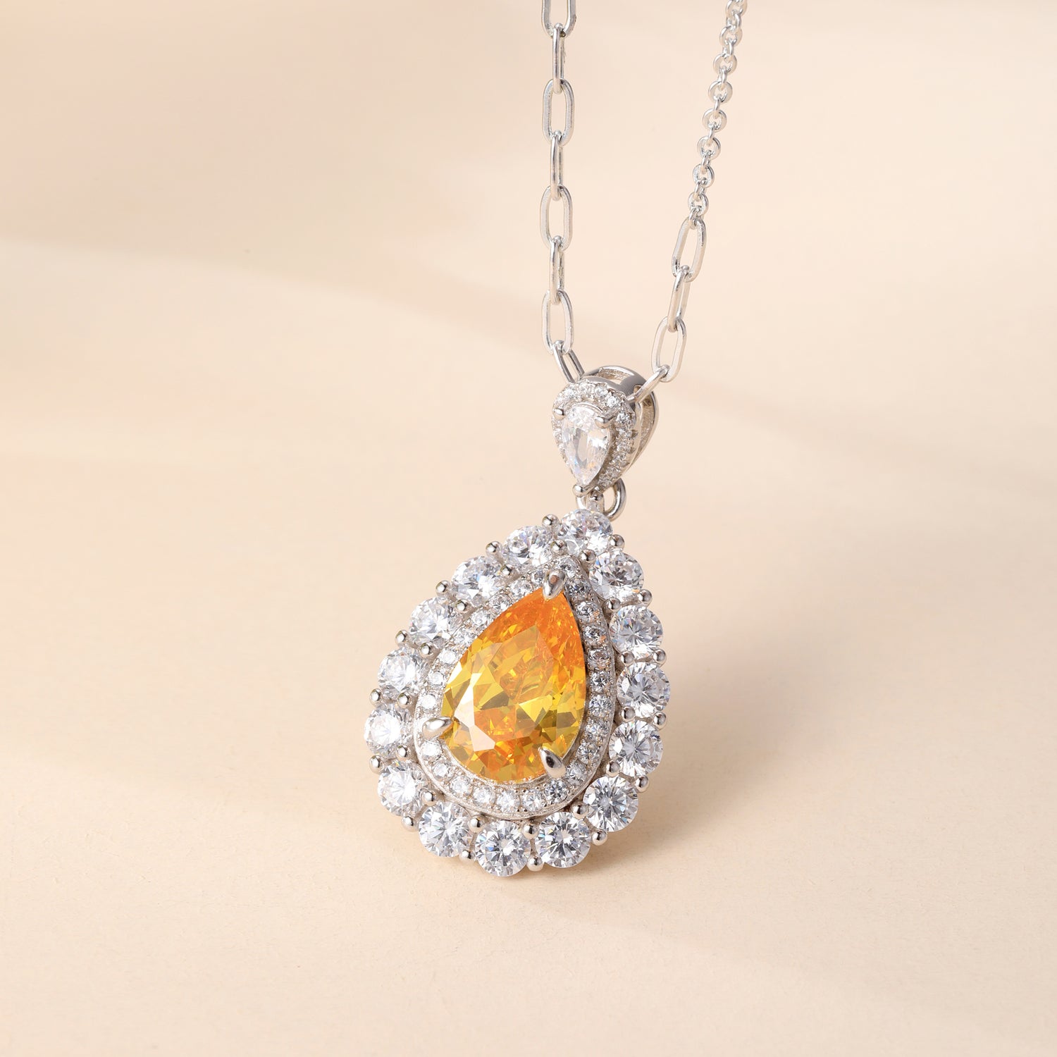 Sterling Silver Cubic Zirconia Teardrop - Shaped Citrine - Colored Pendant Necklace