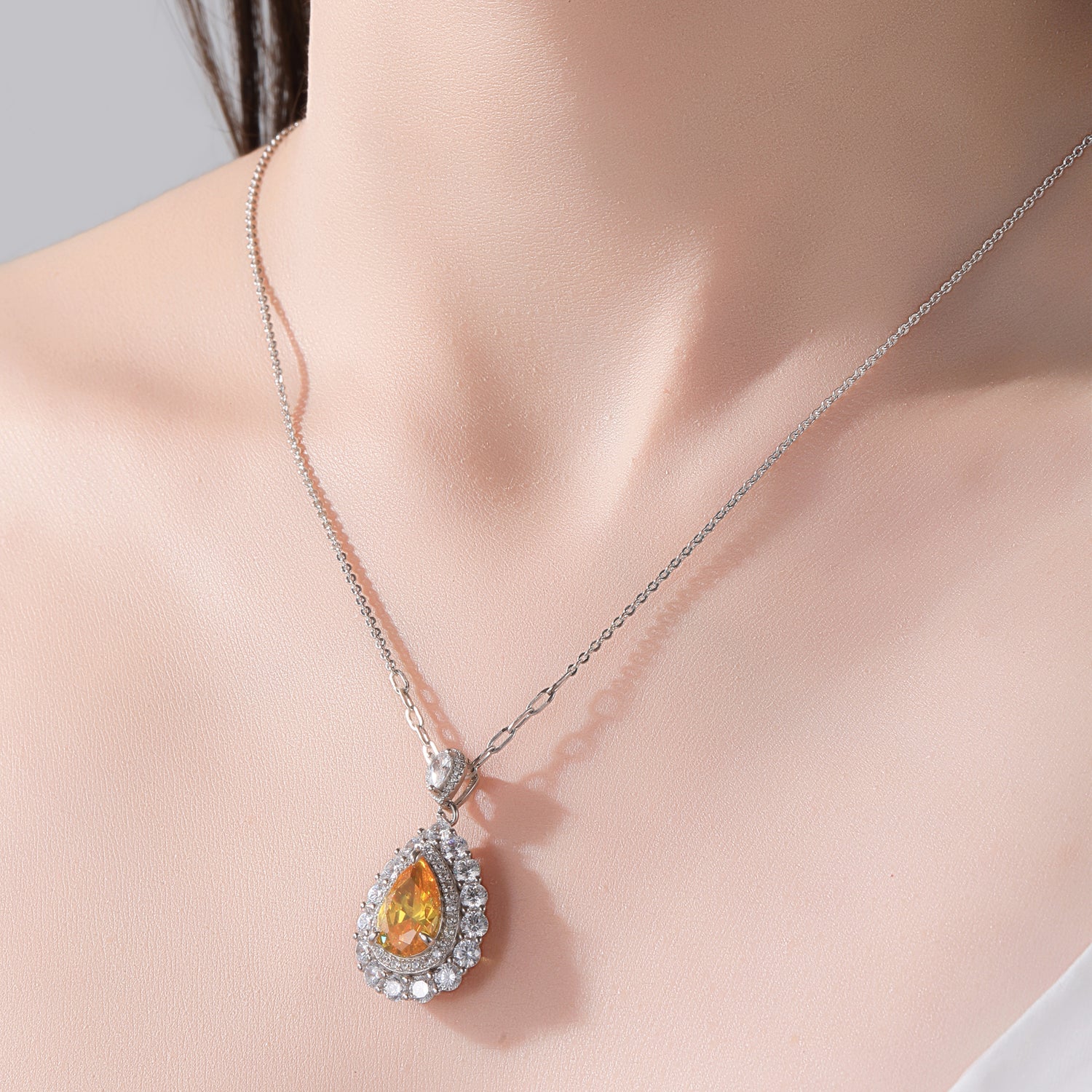 Sterling Silver Cubic Zirconia Teardrop - Shaped Citrine - Colored Pendant Necklace