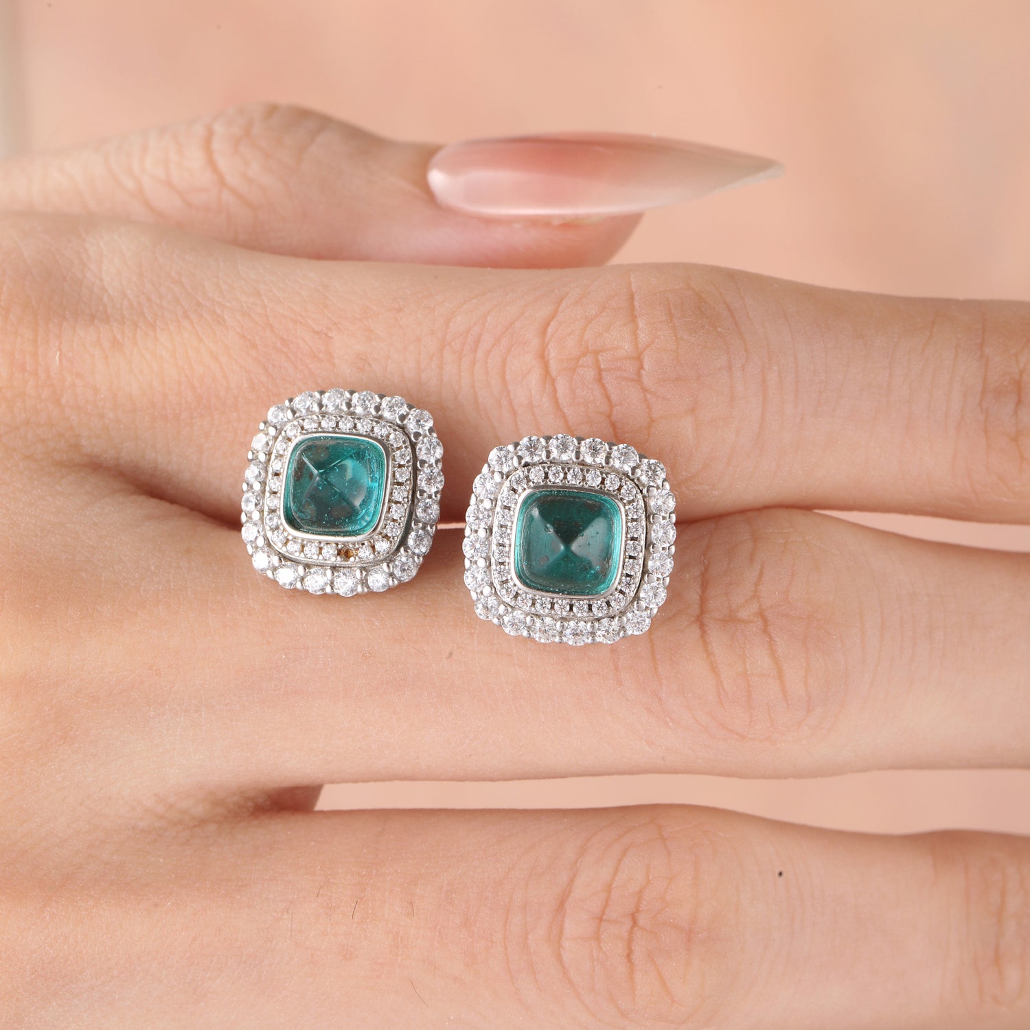 Sterling Silver Cubic Zirconia Turquoise - Hued Stud Earrings