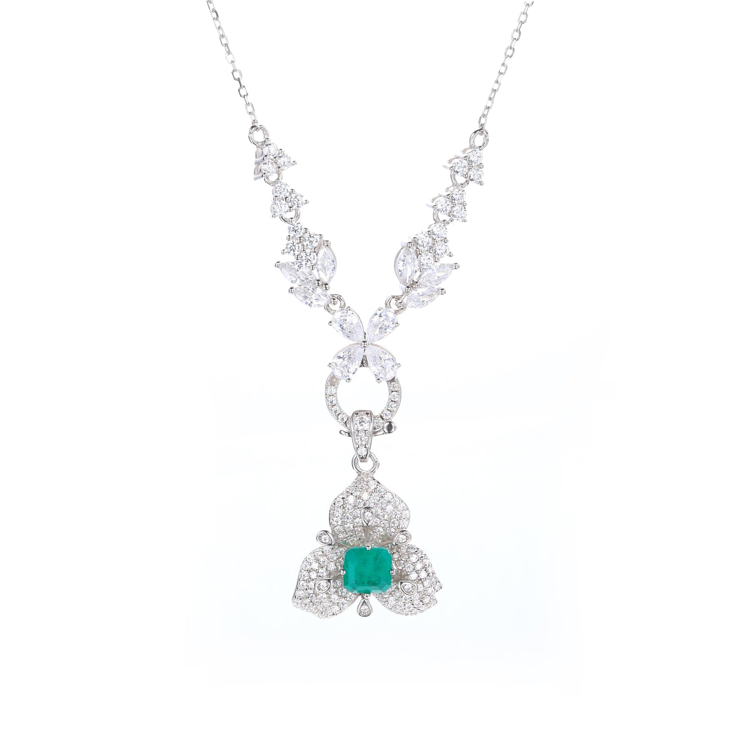 Sterling Silver Emerald - Green Cubic Zirconia Floral Elegance Pendant Necklace