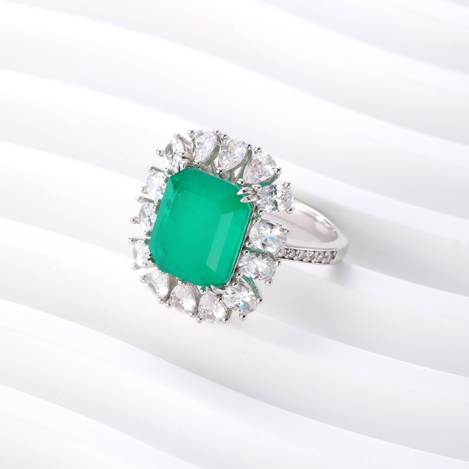 Sterling Silver Emerald - Green Cubic Zirconia Halo Ring