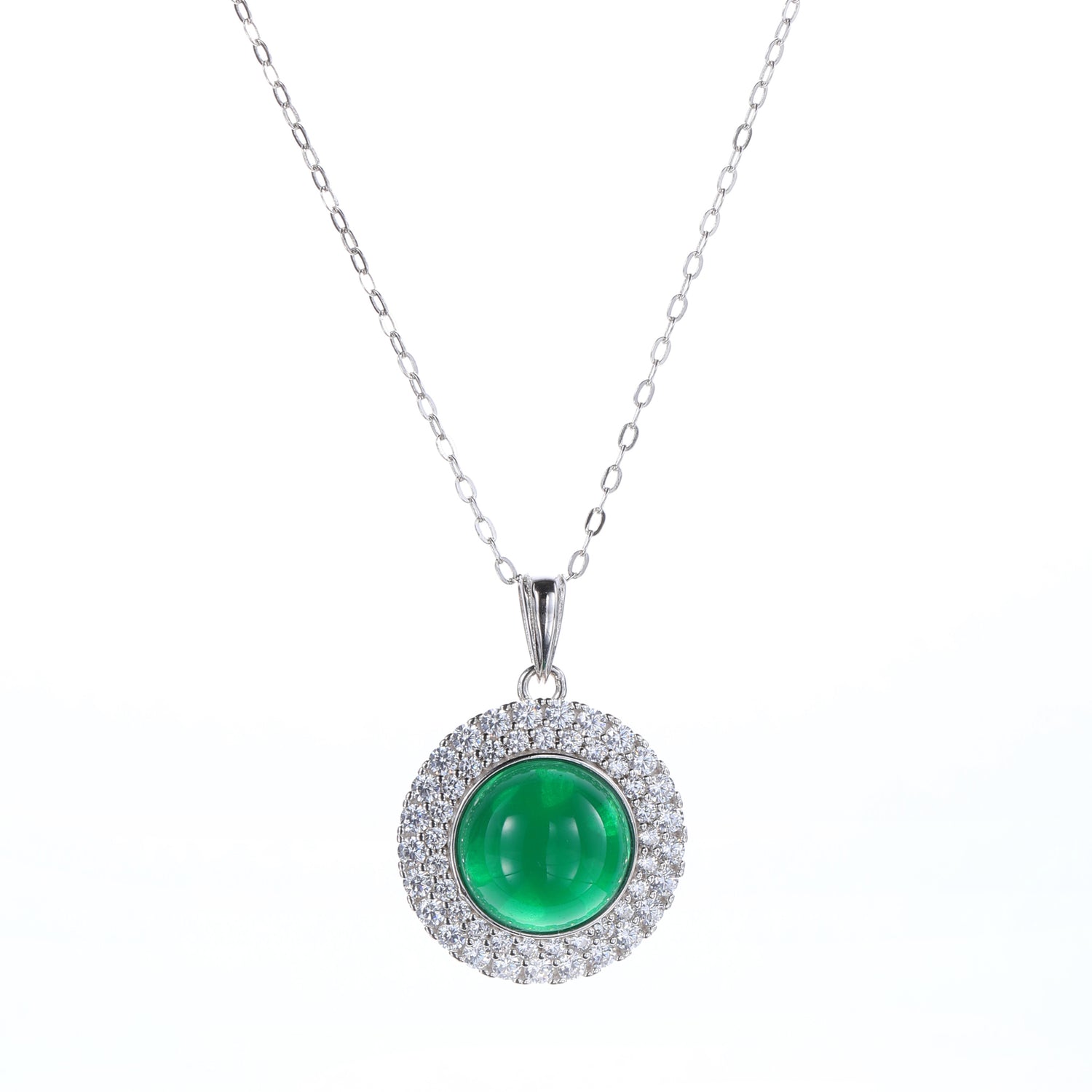 Sterling Silver Green Onyx - Inspired Cubic Zirconia Halo Pendant Necklace