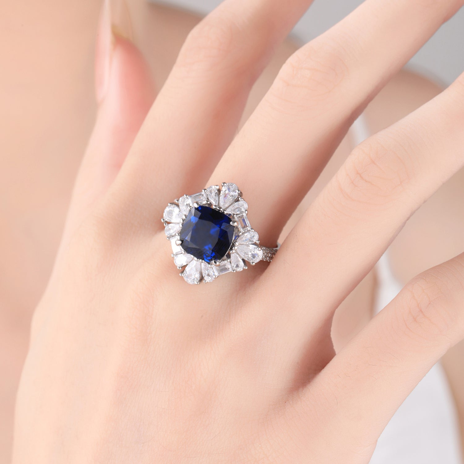 Sterling Silver Majestic Blue Cubic Zirconia Floral Ring