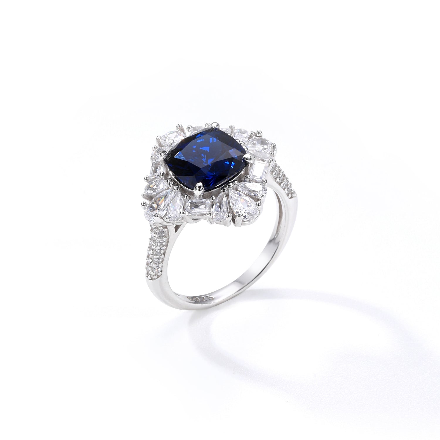Sterling Silver Majestic Blue Cubic Zirconia Floral Ring
