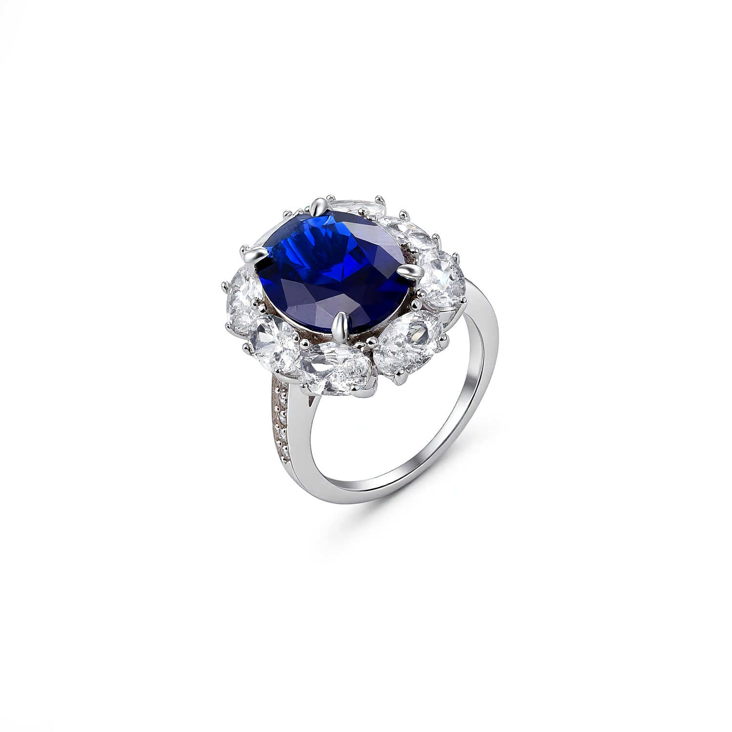 Sterling Silver Royal Blue Cubic Zirconia Halo Ring