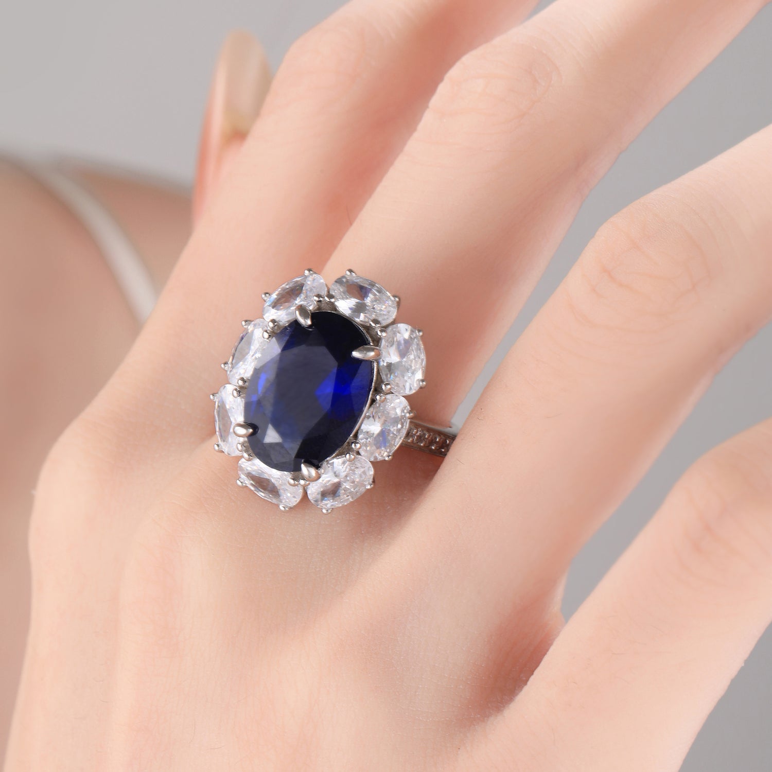 Sterling Silver Royal Blue Cubic Zirconia Halo Ring