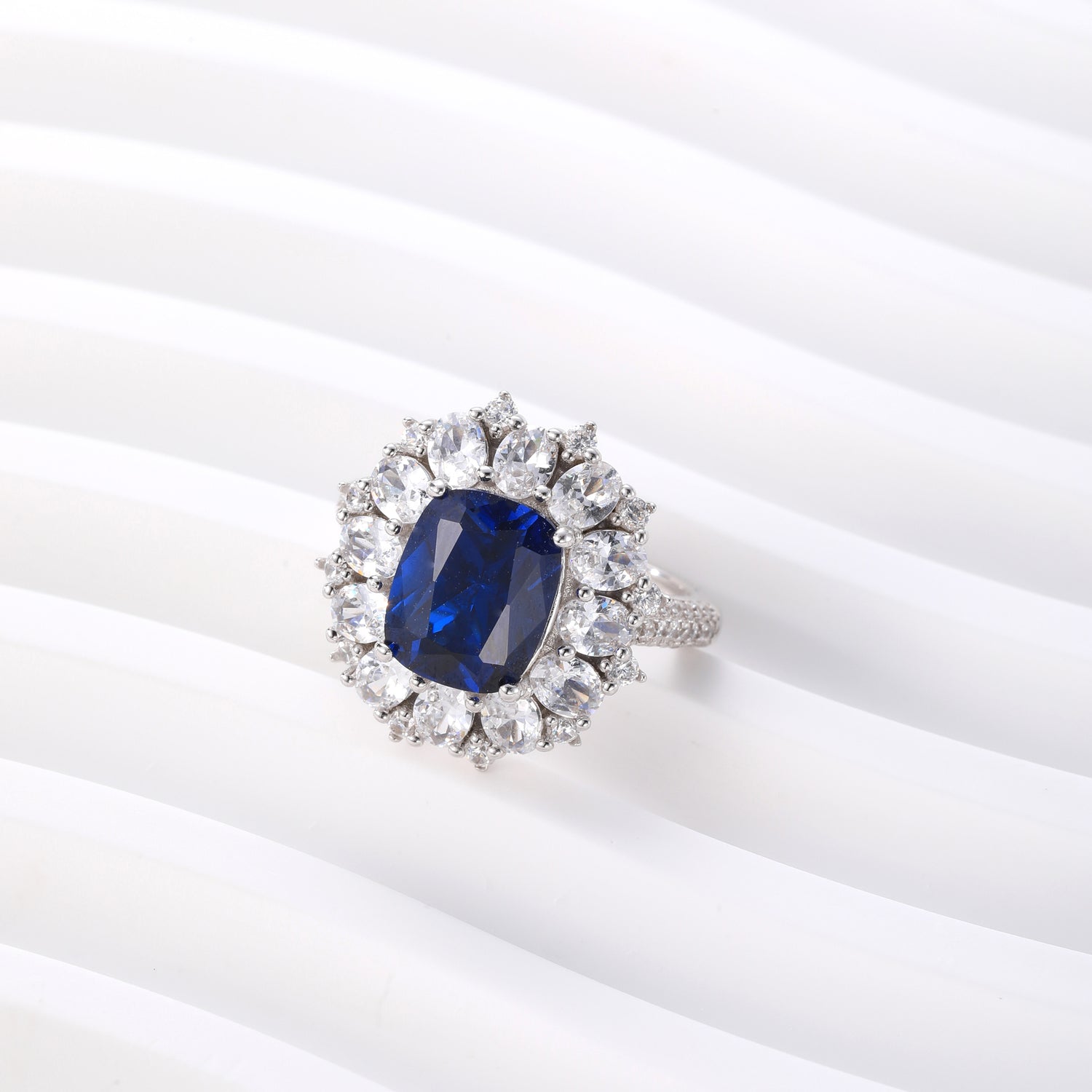 Sterling Silver Royal Blue Cubic Zirconia Halo Statement Ring