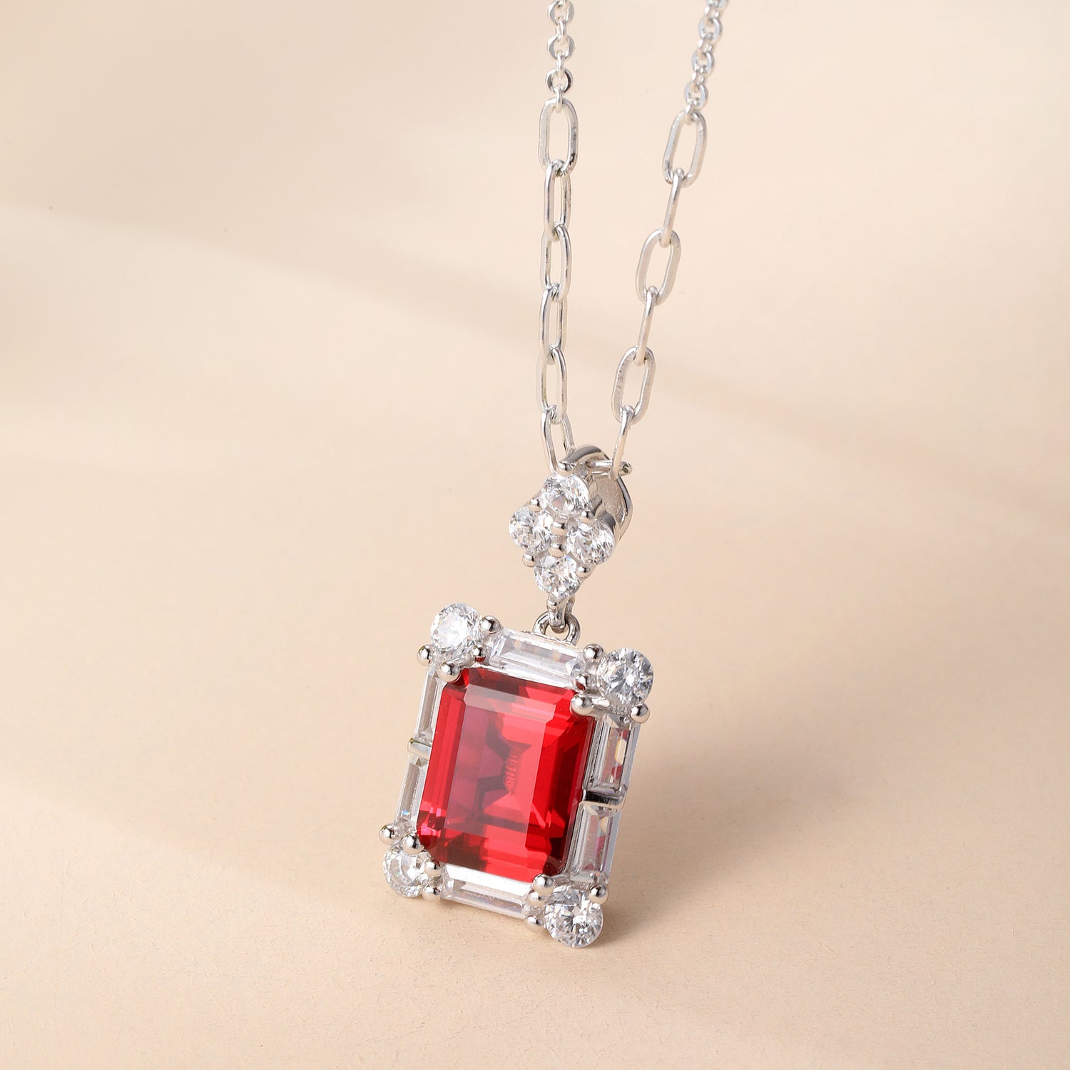 Sterling Silver Ruby - Red Cubic Zirconia Emerald - Cut Pendant Necklace