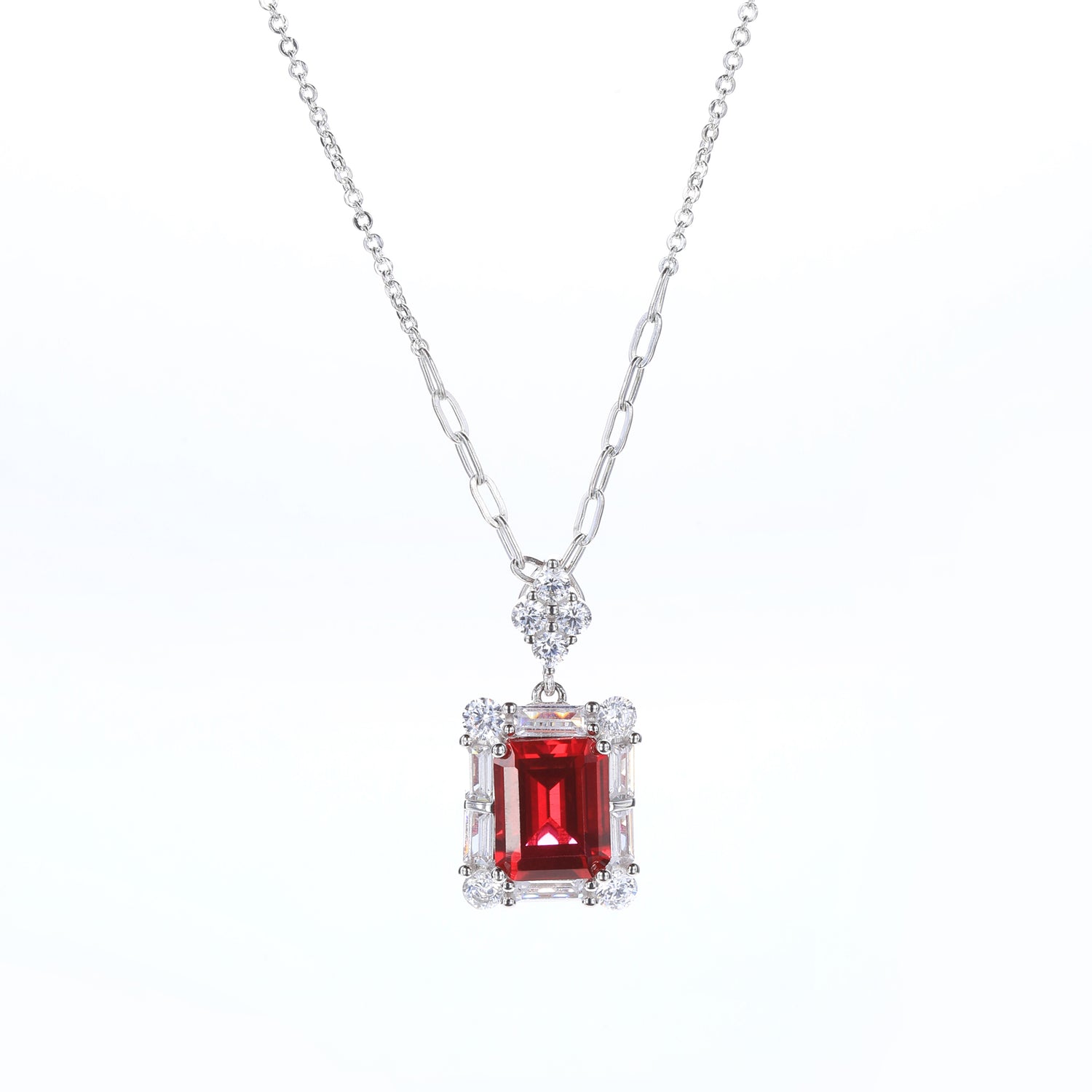 Sterling Silver Ruby - Red Cubic Zirconia Emerald - Cut Pendant Necklace