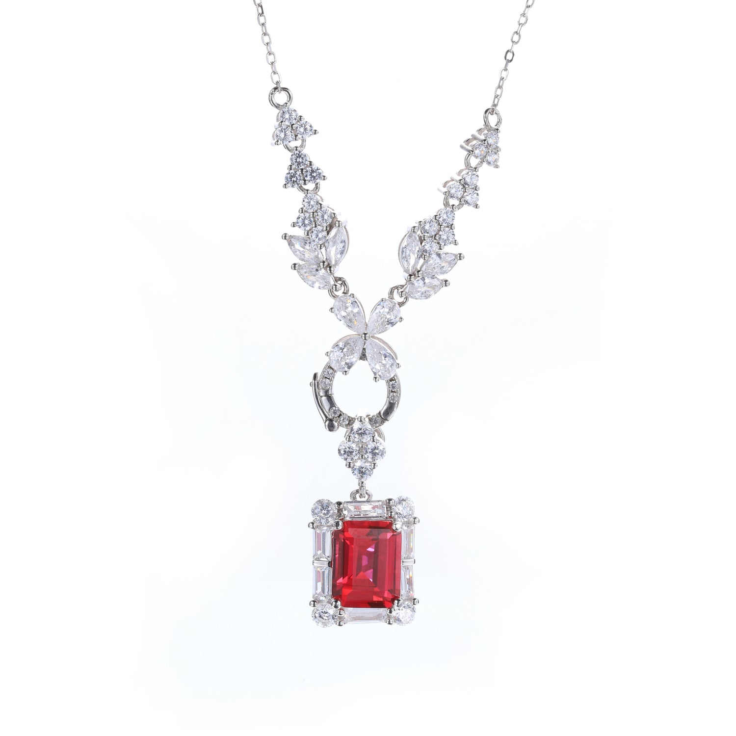 Sterling Silver Ruby - Red Cubic Zirconia Floral Statement Pendant Necklace