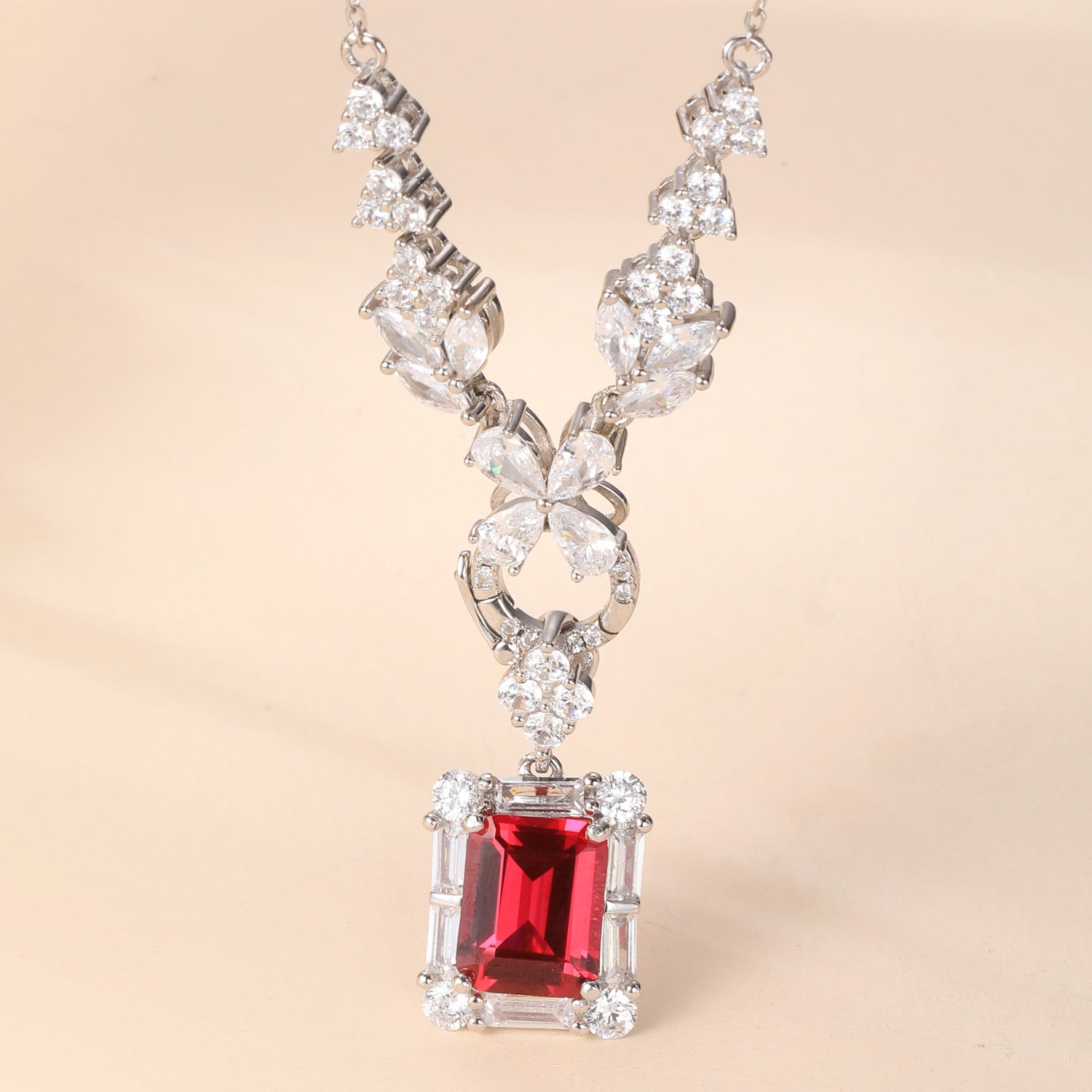 Sterling Silver Ruby - Red Cubic Zirconia Floral Statement Pendant Necklace