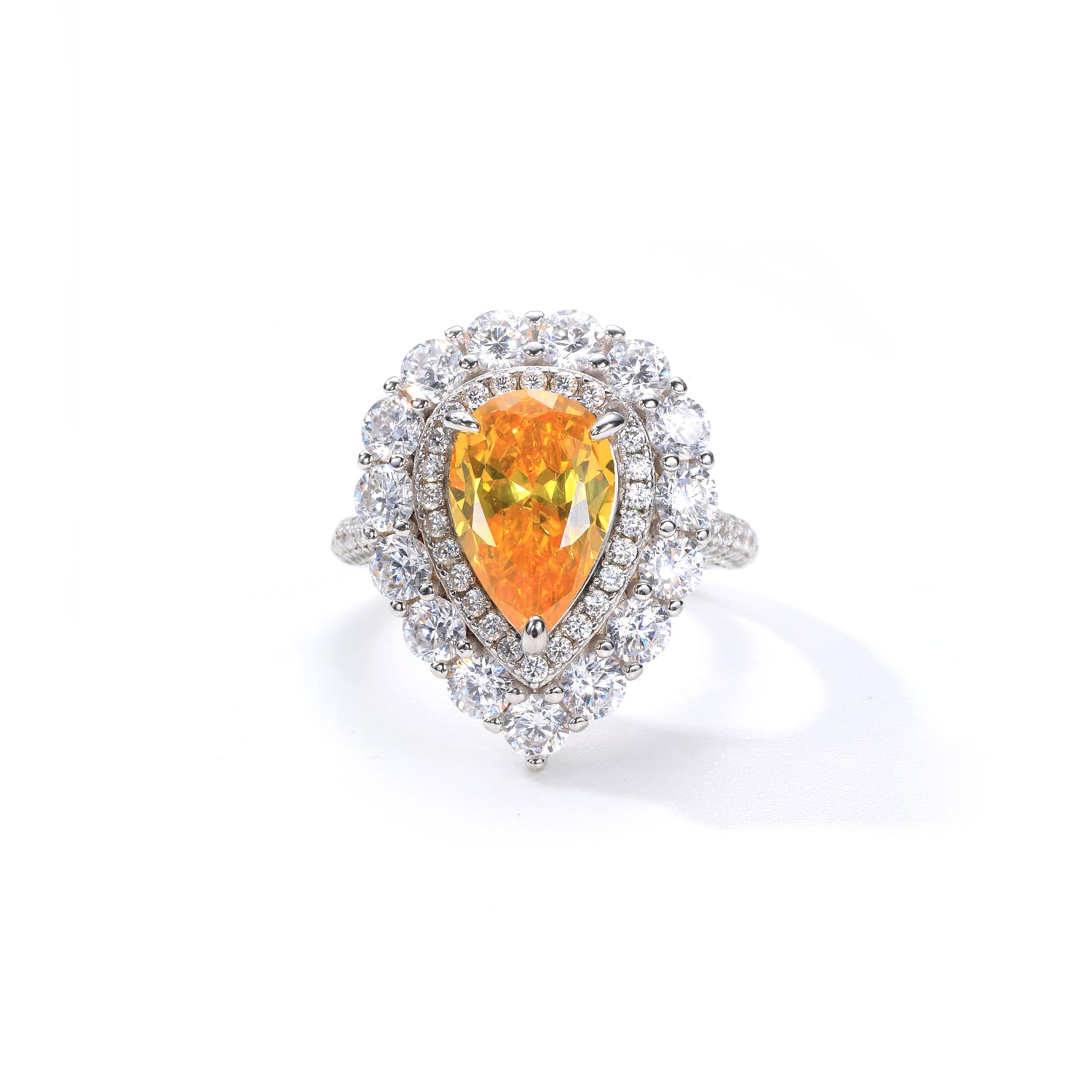 Sterling Silver Teardrop Citrine - Colored Cubic Zirconia Halo Ring